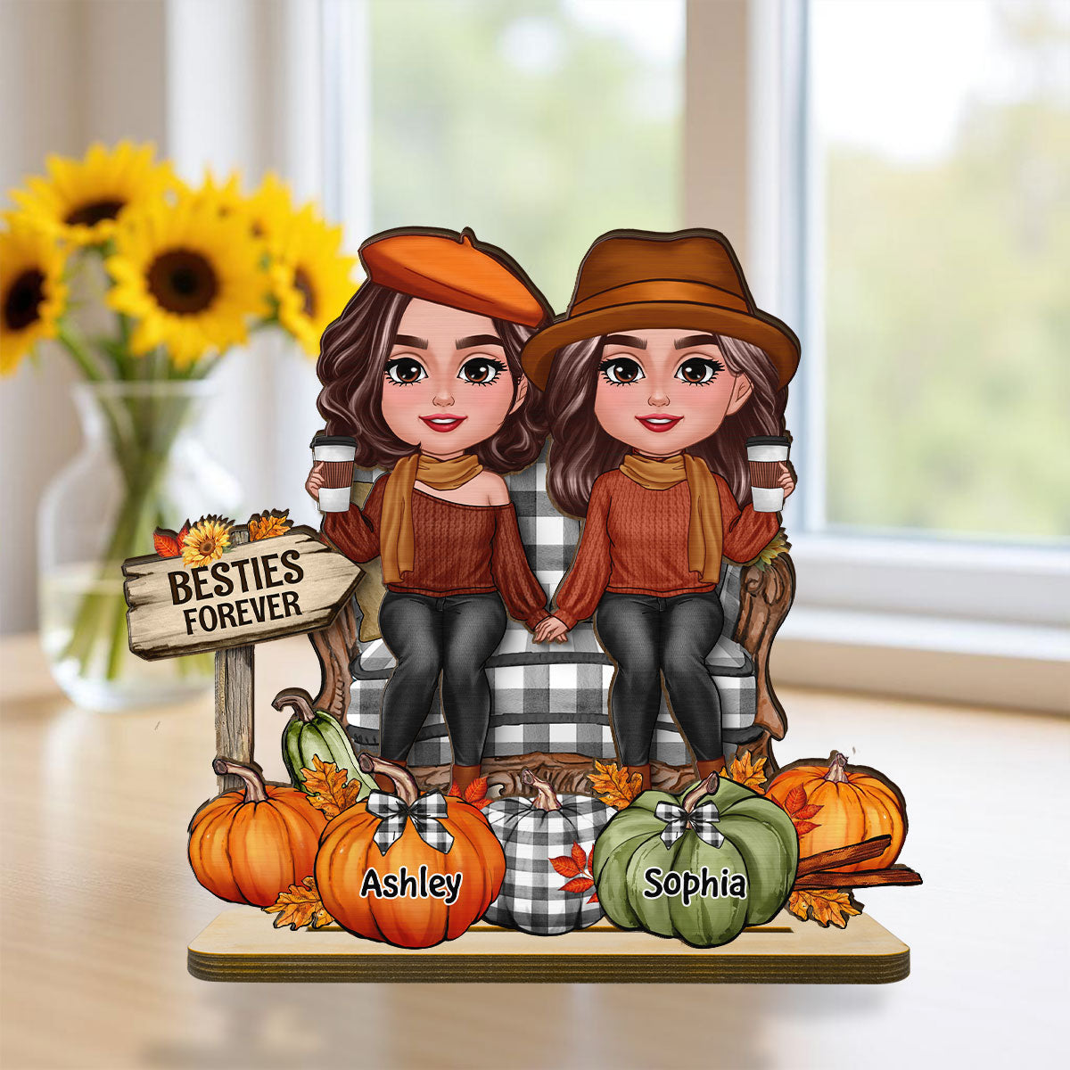 Fall Season Besties Sitting Pumpkins Personalized 2-Layer Standing Wooden Plaque| Fall Season Gift For Best Friends