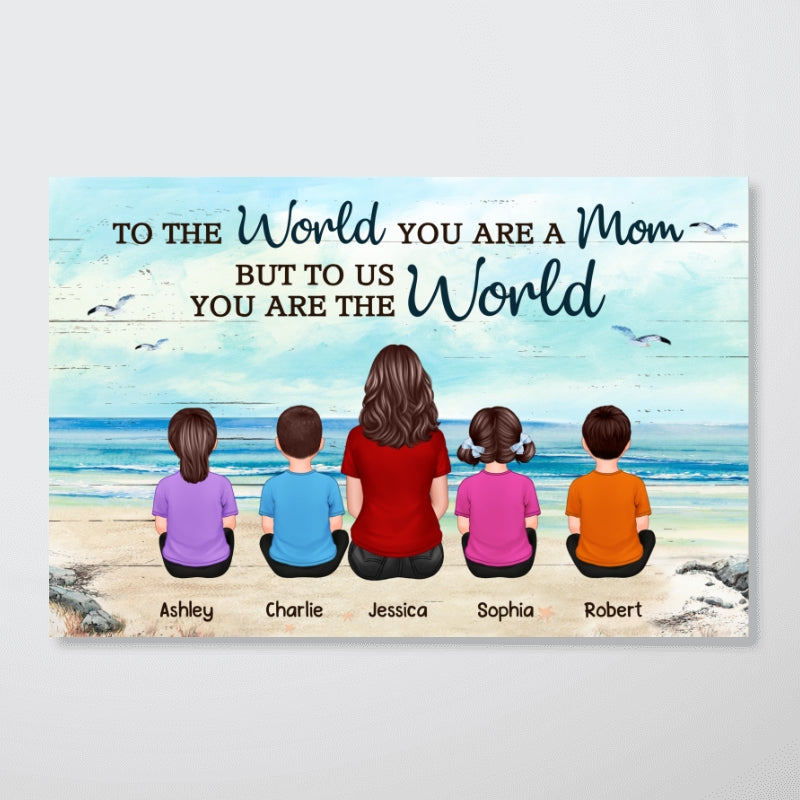 Beach Landscape Back View Mom And Daughters Sons Sitting Mother‘s Day Gift For Mom Personalized Horizontal Poster