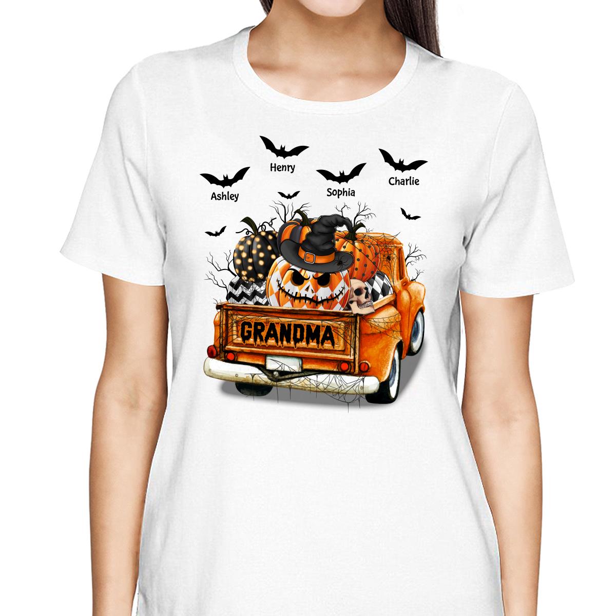 Grandma Mom Halloween Patterned Pumpkins Truck Personalized Shirt