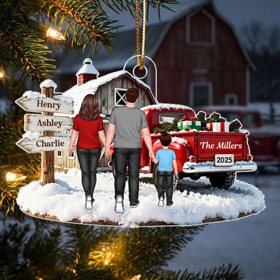 Christmas Truck Barn House Family Sign Post - Personalized Acrylic Ornament - Christmas Gift For Family
