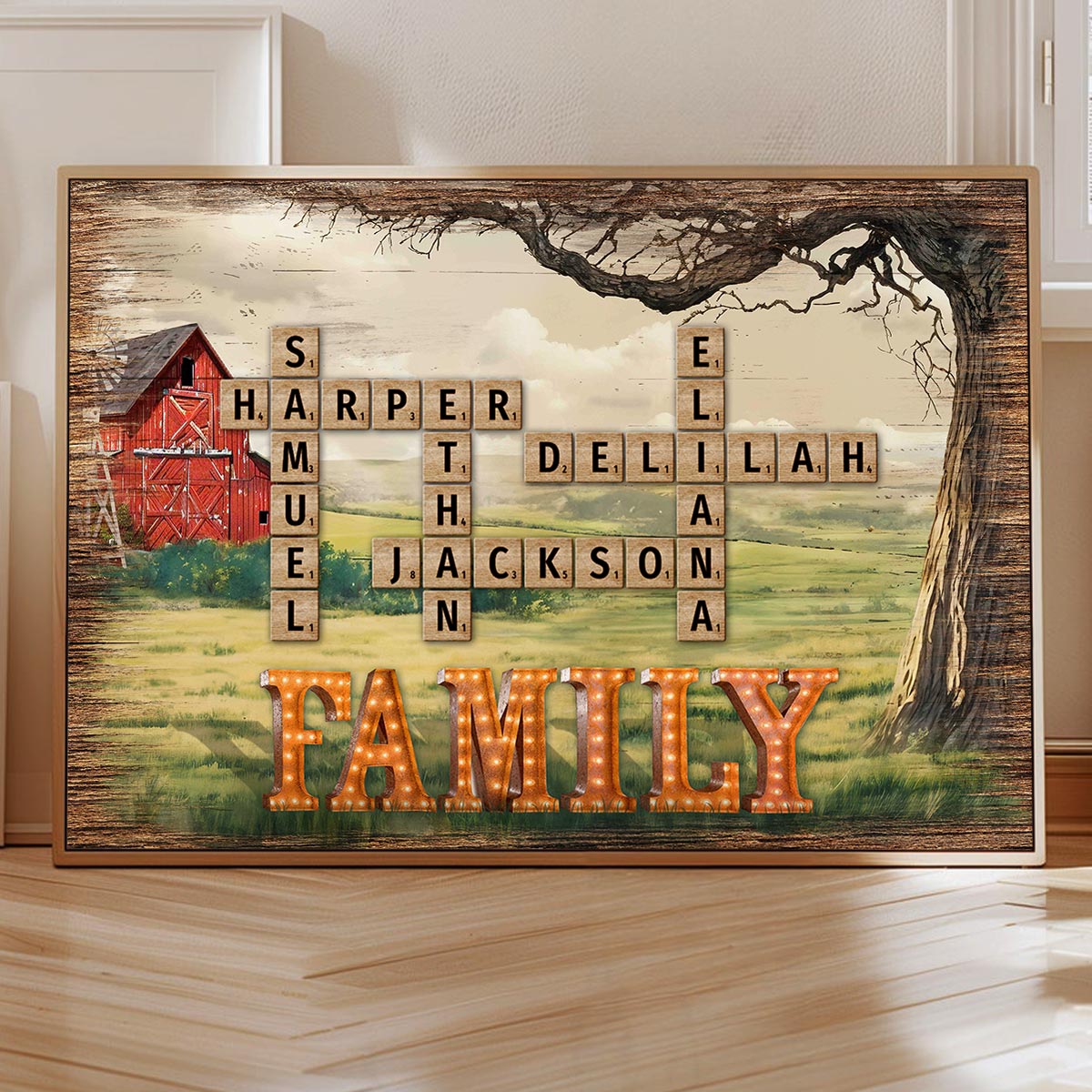 Family Farmhouse Tree Crossword Puzzle Art Personalized Poster, Gift For Mom, Dad, Husband, Wife