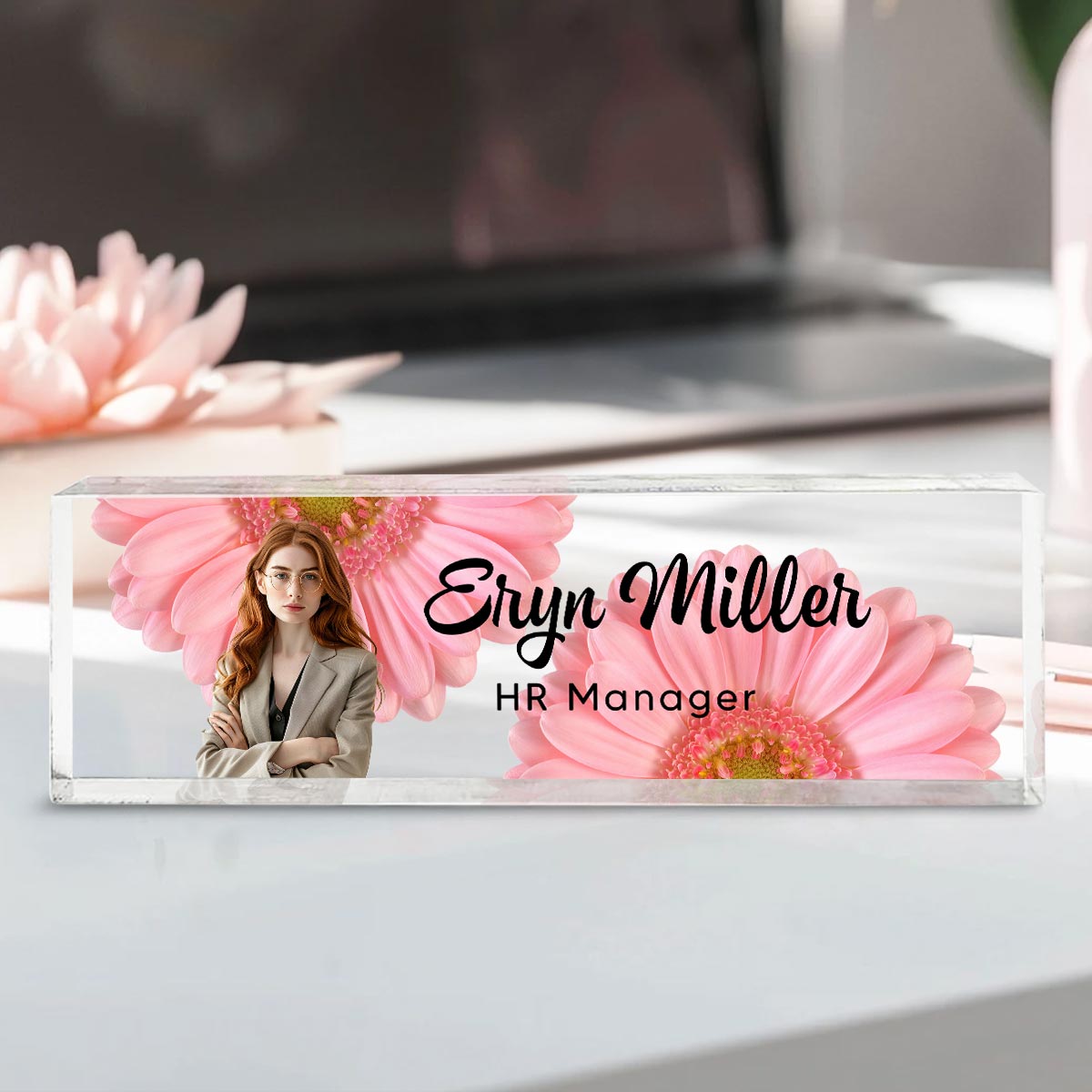 Upload Photo Daisy Flowers Blank Personalized Acrylic Desk Name Plate, Gift For Colleagues, Coworkers, Boss, Nurses, Doctors