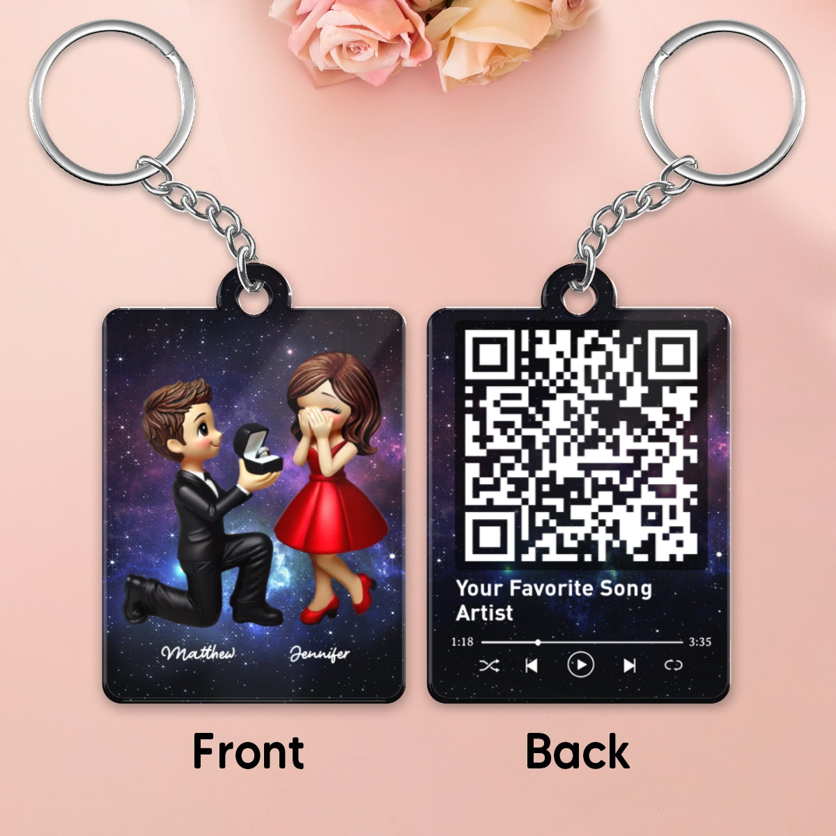 Couple In Galaxy Night Personalized Acrylic Flat Keychain, Just Engaged  Gifts for Couples, Favorite Song Scannable QR Code