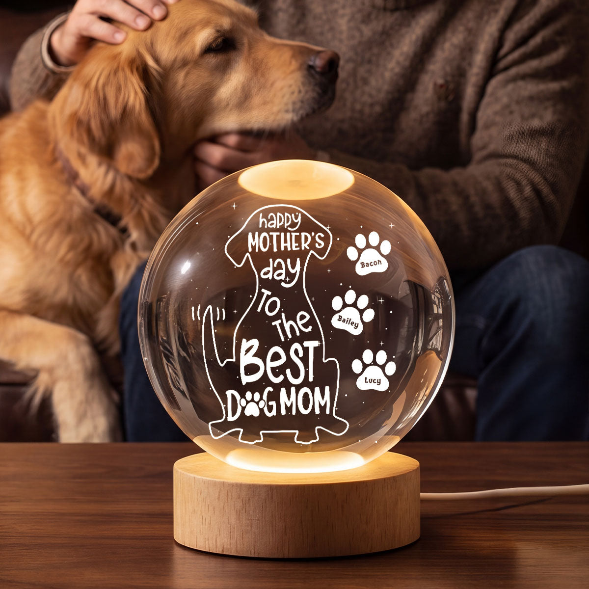 Happy Mother's Day Dog Mom - Personalized Crystal Ball LED Night Light - Heartfelt Mother's Day Gift for Wife