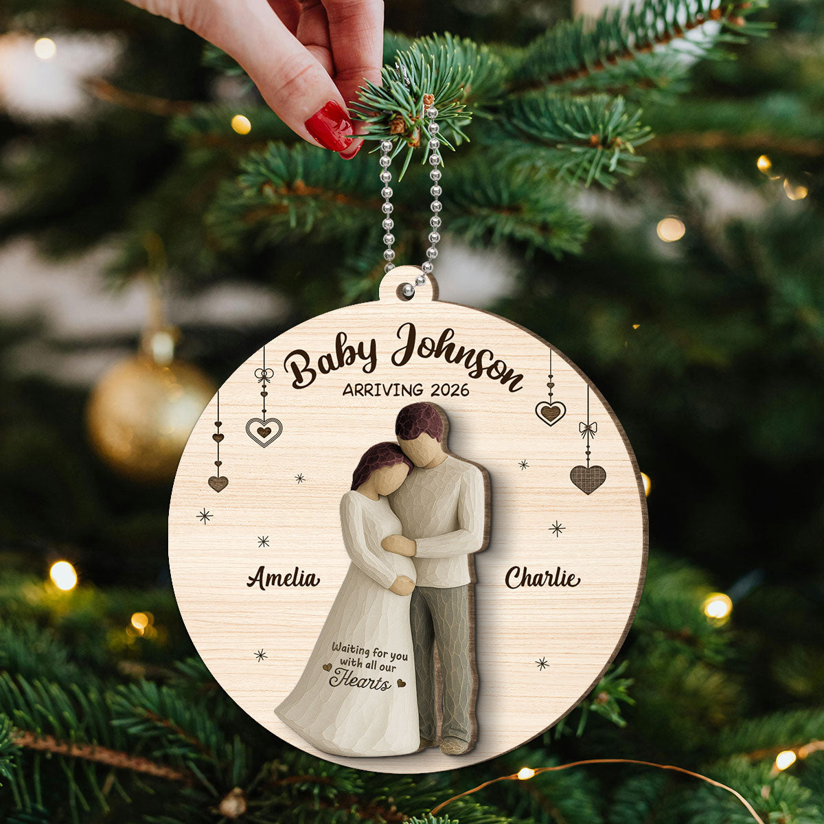 2D Flat Waiting For You With All Our Hearts Couple Expecting Baby - Personalized 2-Layer Wooden Ornament, Baby Shower Gift For Parents-to-be