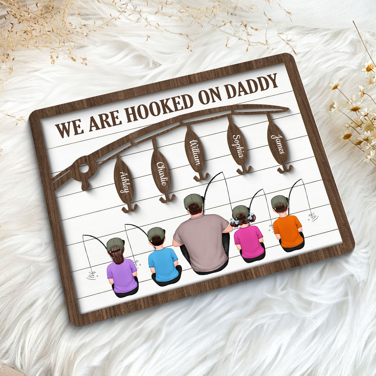 Hooked On Being Fishing Dad Grandpa Sitting Back View Personalized 2-Layer Wooden Plaque