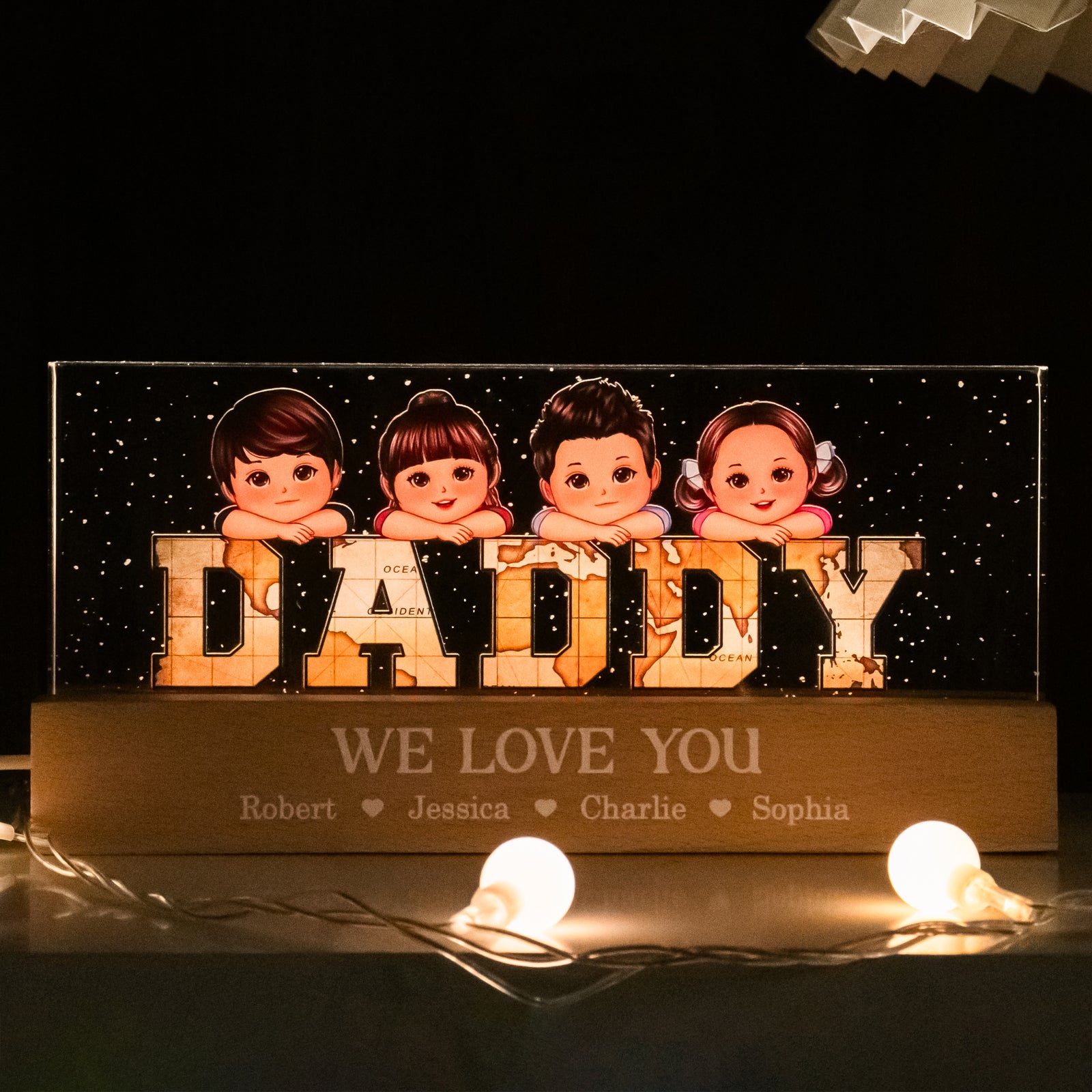 Vintage Map Dad Grandpa Title Kids Laying On Personalized Acrylic LED Night Light