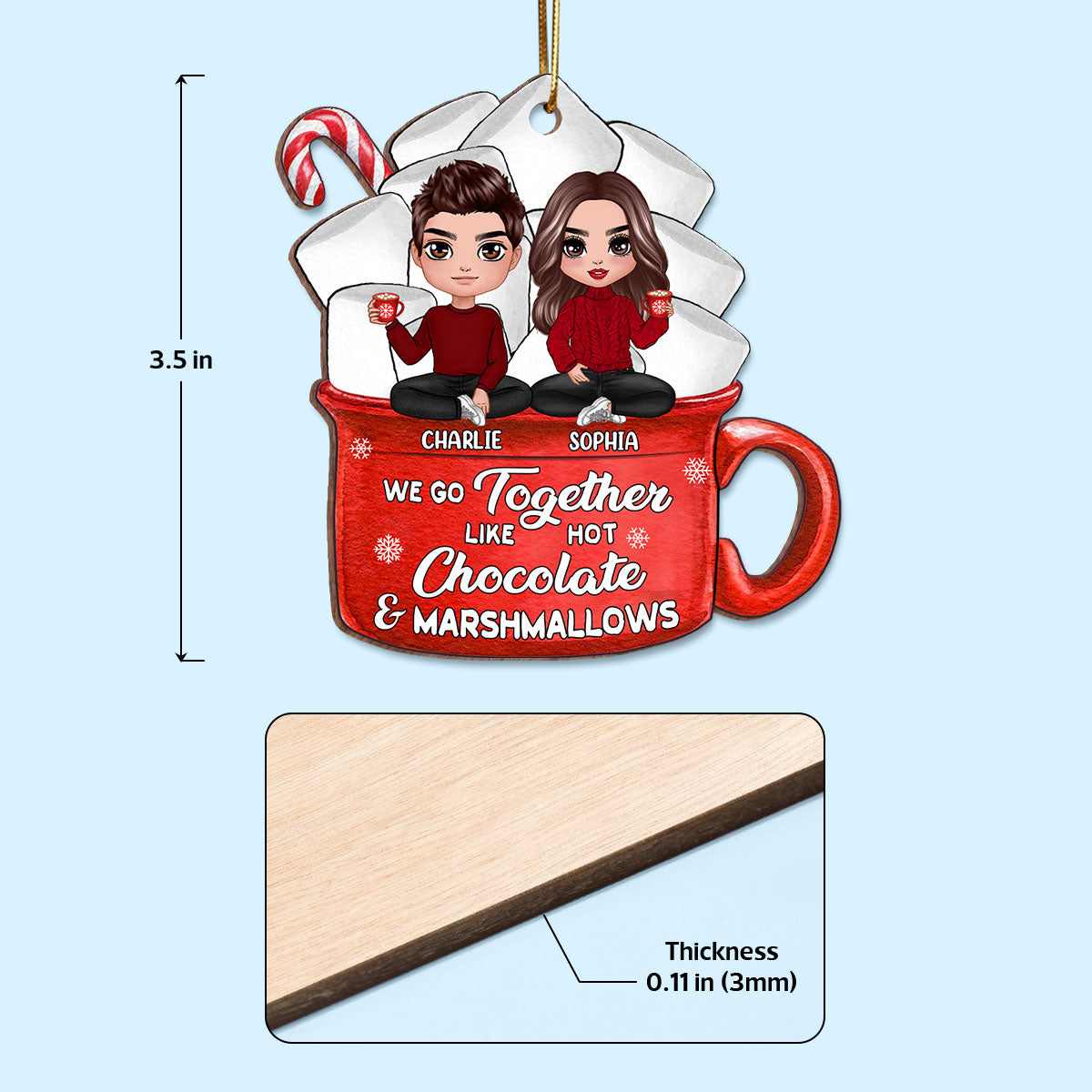 Doll Couple Sitting Hot Chocolate And Marshmallows Personalized Wooden Ornament