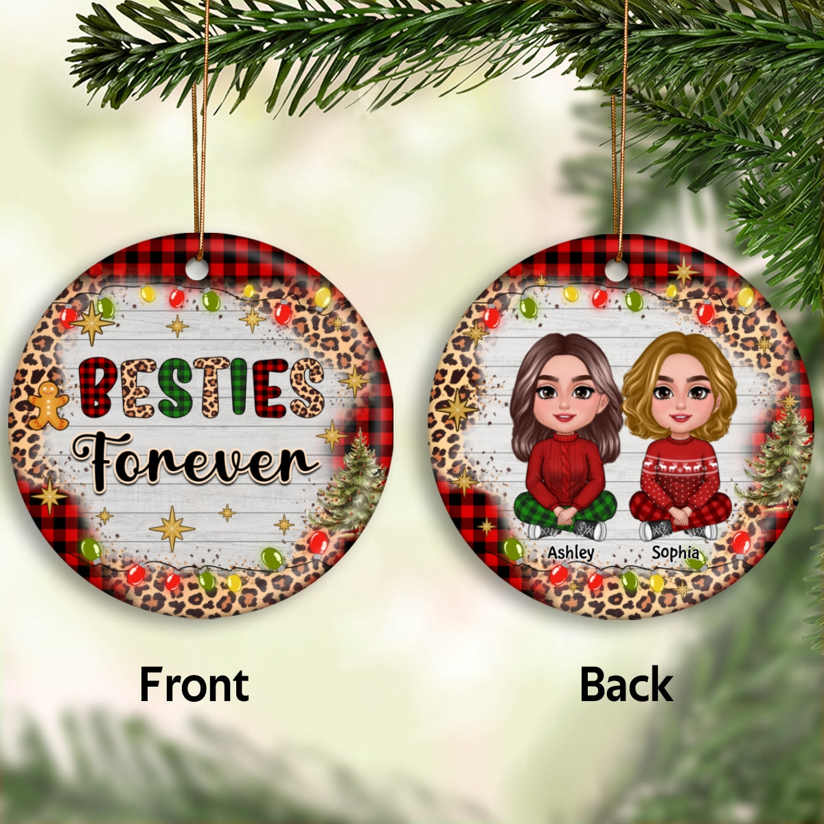 Checkered And Leopard Besties Sisters Sitting Personalized Double Sided Circle Ornament