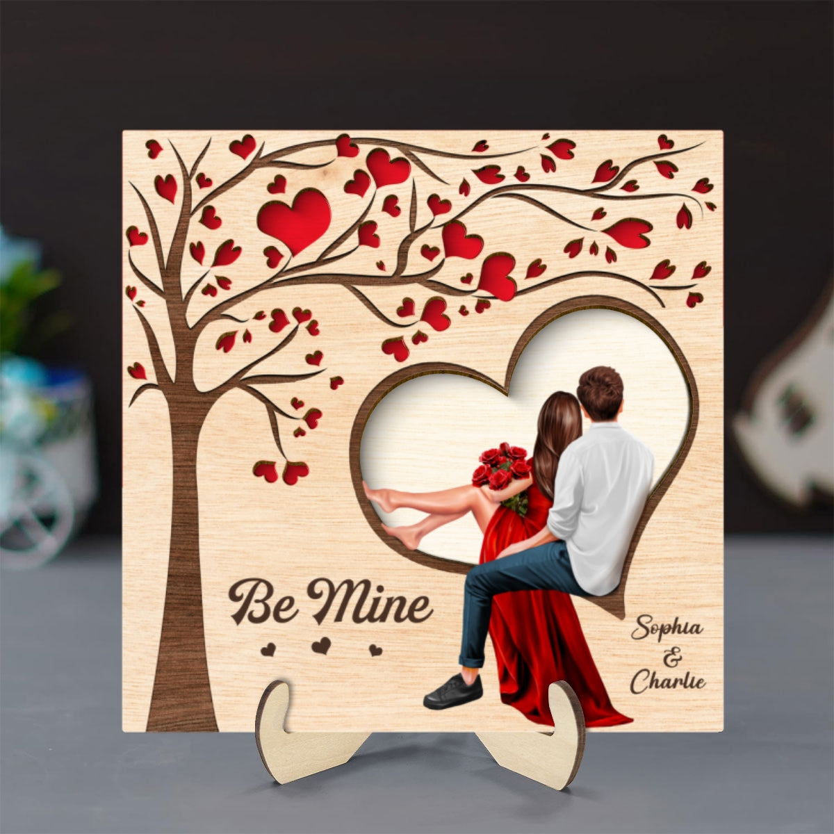 Couple Heart Tree Engraved Personalized 2-Layer Wooden Plaque, Valentine‘s Day Gift, Anniversary Gift For Him, For Her