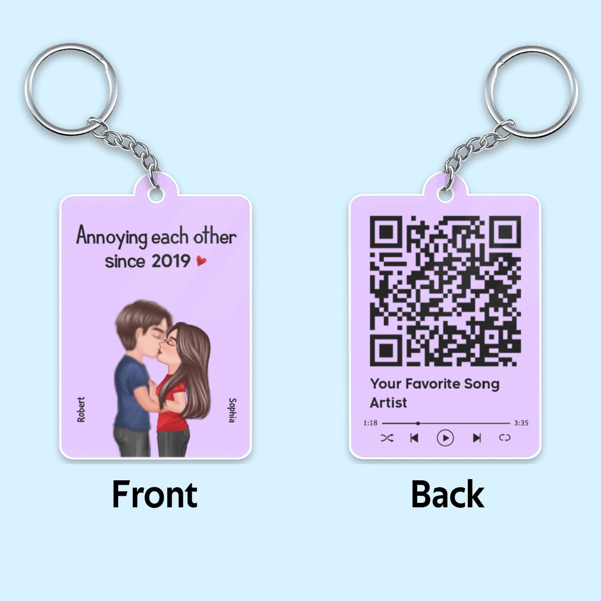 Doll Couple Kissing Together Since Favorite Song Scannable QR Code Personalized Acrylic Keychain
