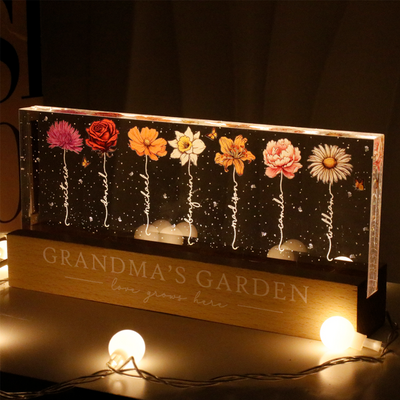 Grandma‘s Garden Birth Month Flowers - Personalized Acrylic Block Plaque LED Night Light - Christmas Gift For Grandma, Mom, Auntie, Sister