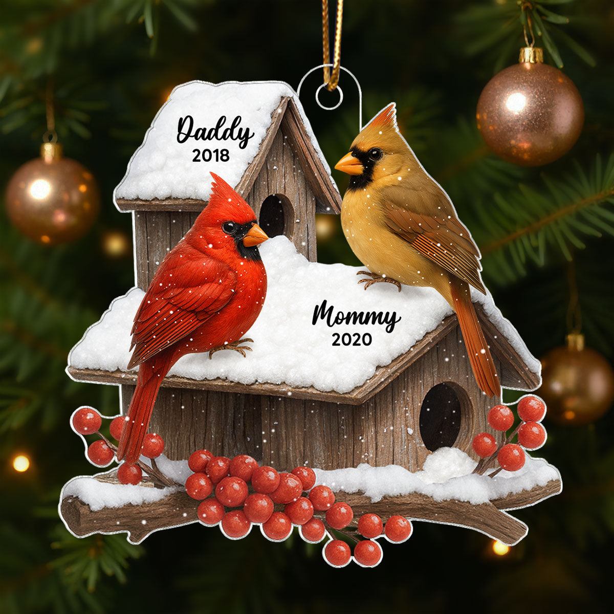 3D Effect Cardinals Bird House Personalized Acrylic Ornament, Heartwarming Memorial Sympathy Gift