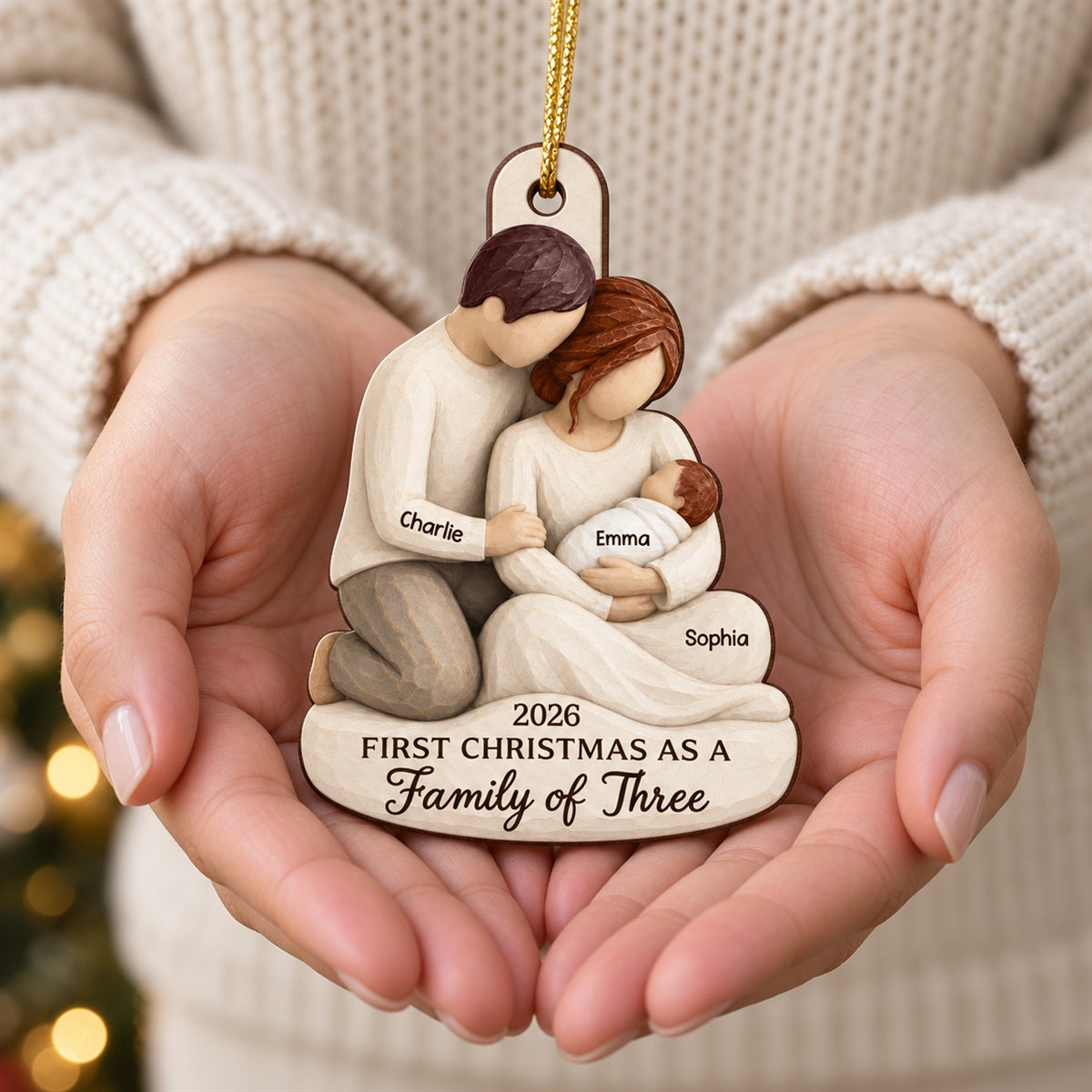 And Then There Were Three 2D Flat Printed - Personalized Wooden Ornament - First Christmas Keepsake For New Parents