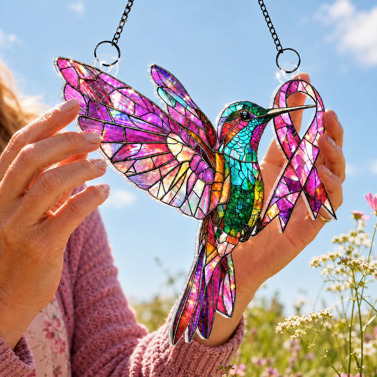 Hummingbird Pink Ribbon Custom Name - Personalized Acrylic Window Hanger - Breast Cancer Awareness Gift