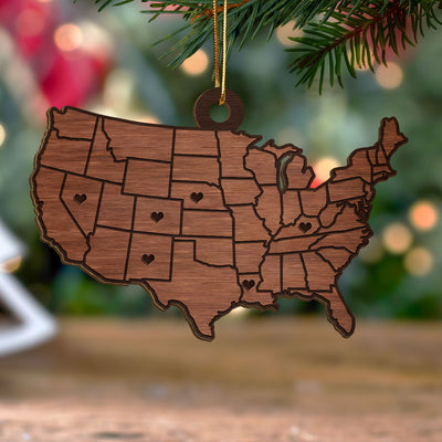 Family Close At Heart State USA Map Personalized Wooden Ornament