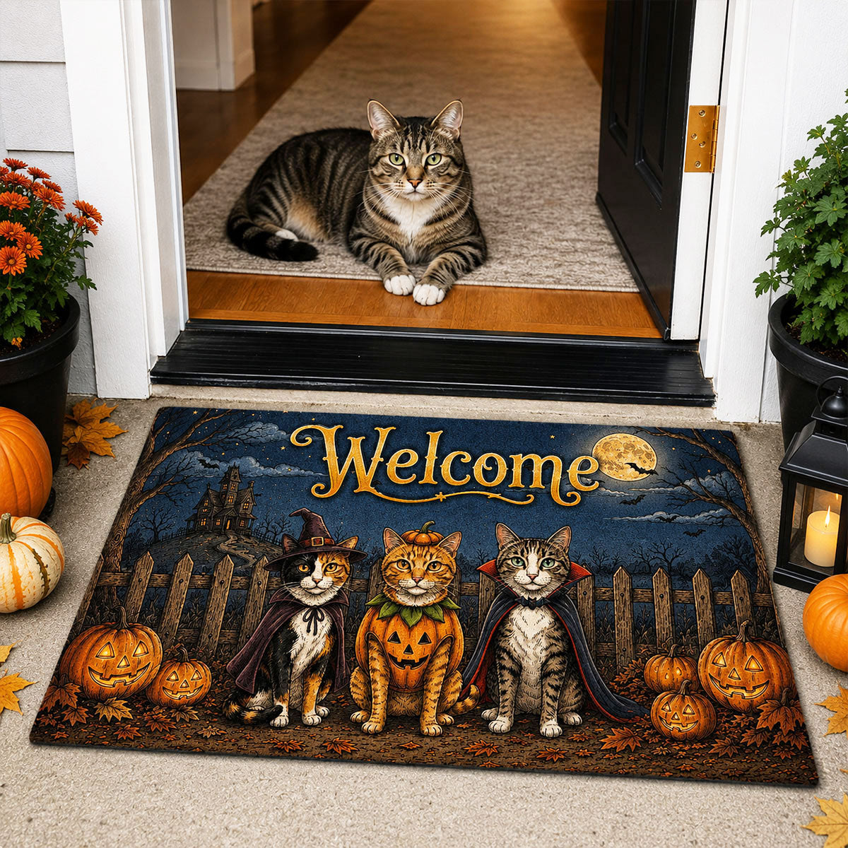 Vintage Dog Cat Halloween Night Photo Upload - Personalized Doormat - Halloween Gift For Dog Mom, Cat Mom