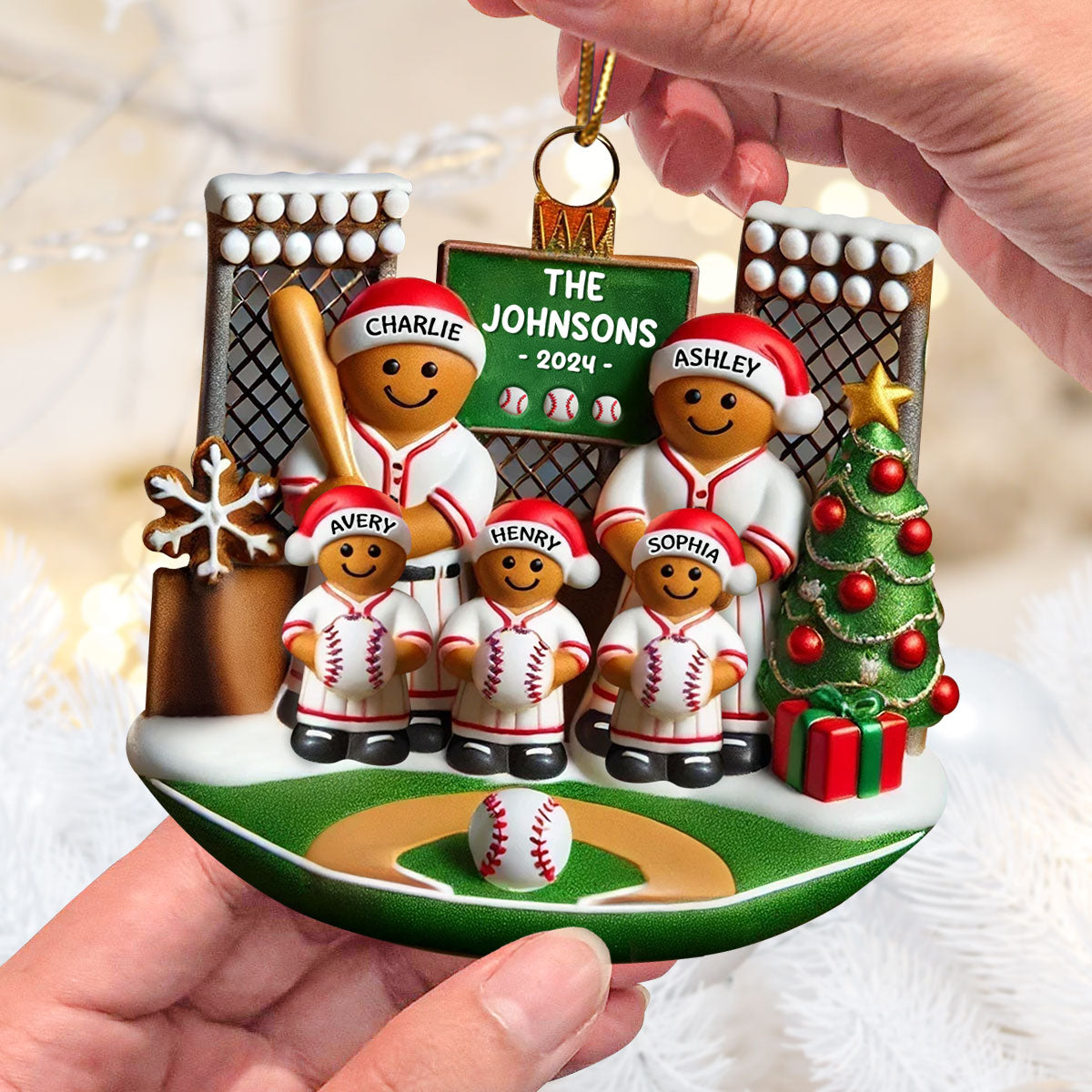 3D Effect Baseball Gingerbread Family On Field Sport Lover - Personalized Acrylic Ornament