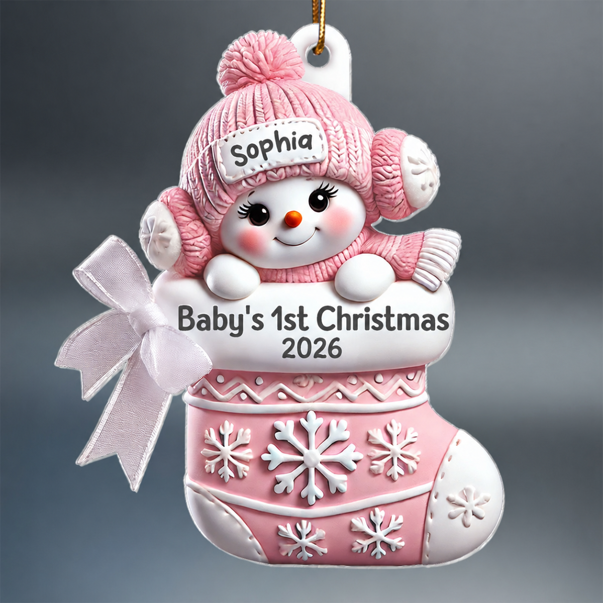 3D Effect Snowbaby On Stocking Baby's 1st Christmas Keepsake Personalized Acrylic Flat Ornament