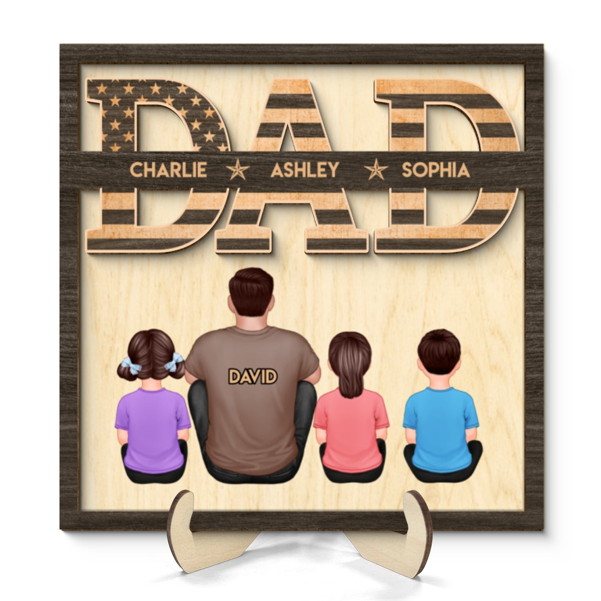 Dad We Love You Flag Man & Kids Sitting Back View Personalized 2-Layer Wooden Plaque