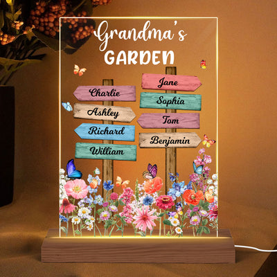 Grandma‘s Garden Direction Sign Flowers Butterflies Personalized Rectangle Acrylic LED Night Light