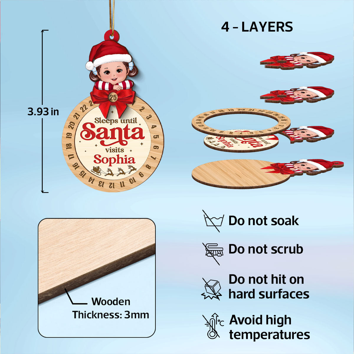 Sleeps Till Santa Visits Cute Doll Kid Personalized Countdown Ornament, Christmas Gift For Daughter Son Granddaughter Grandson