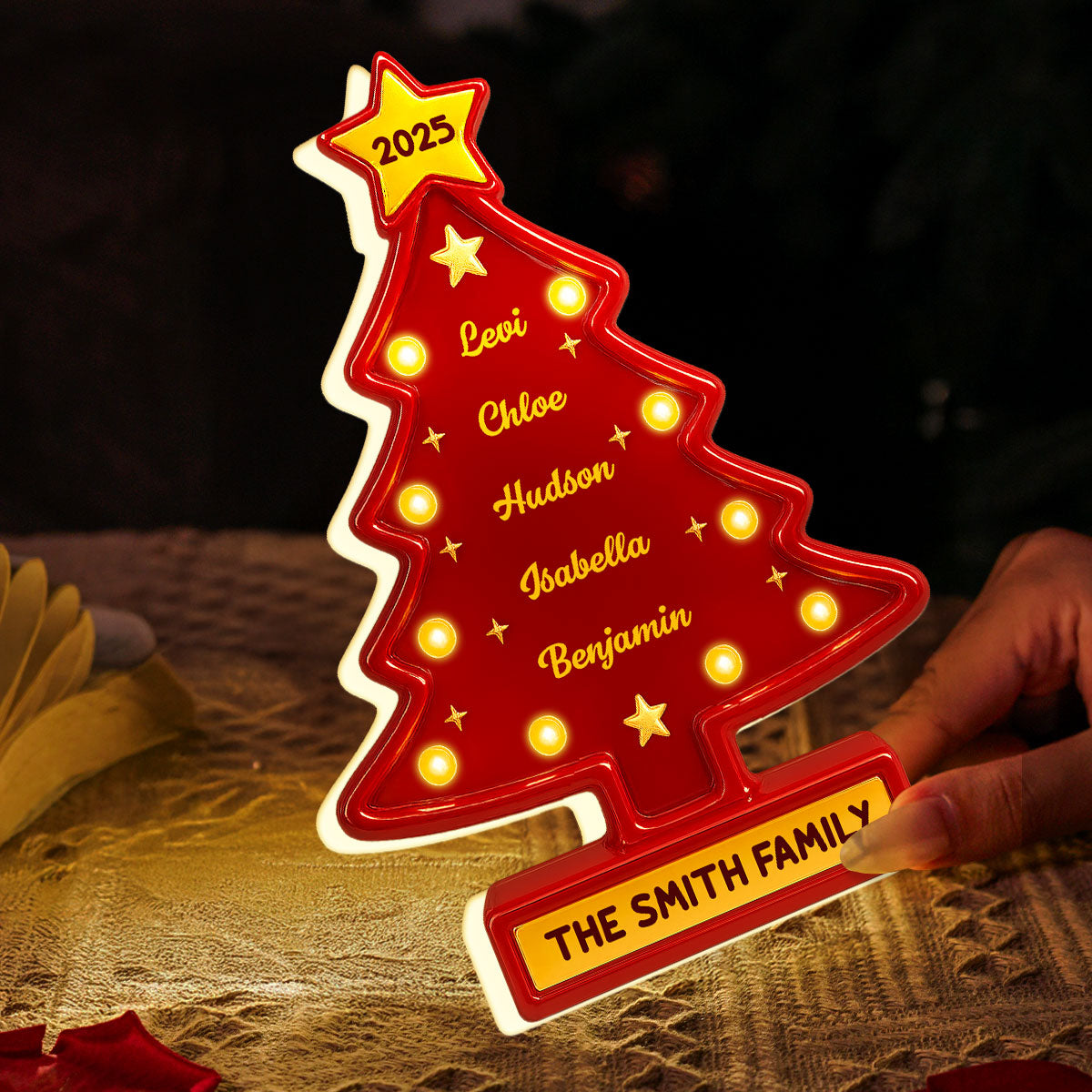 3D Effect Christmas Tree Marquee Texture Family Members Names Personalized LED Light Box