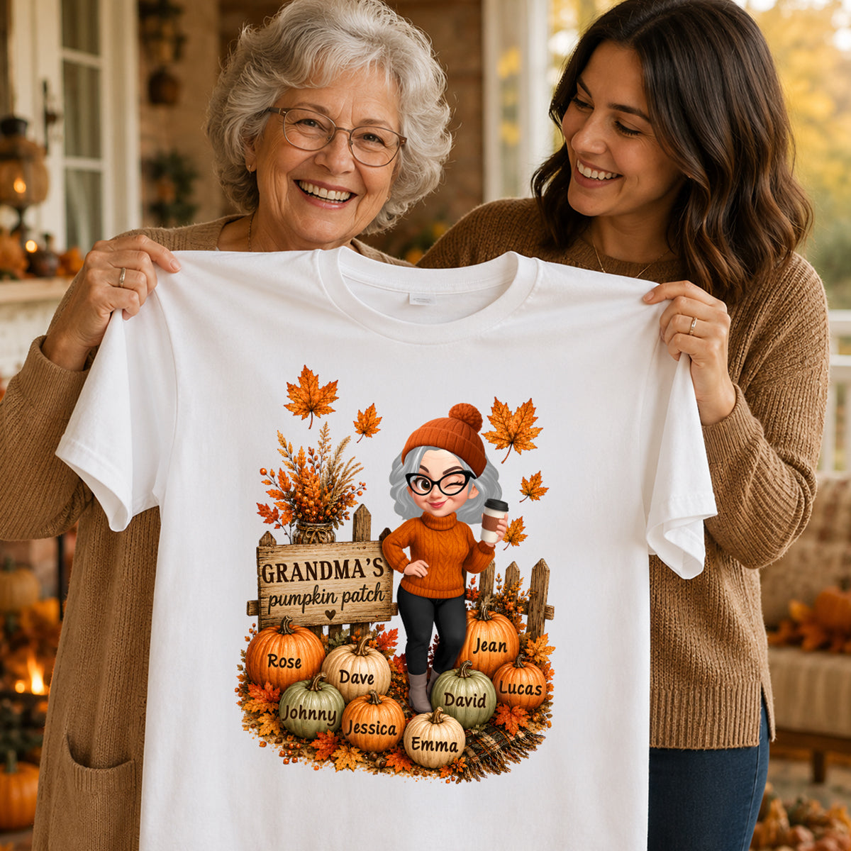 Hello Fall Grandma's Pumpkin Patch - Personalized Shirt - Trendy Fall Tee for Grandma