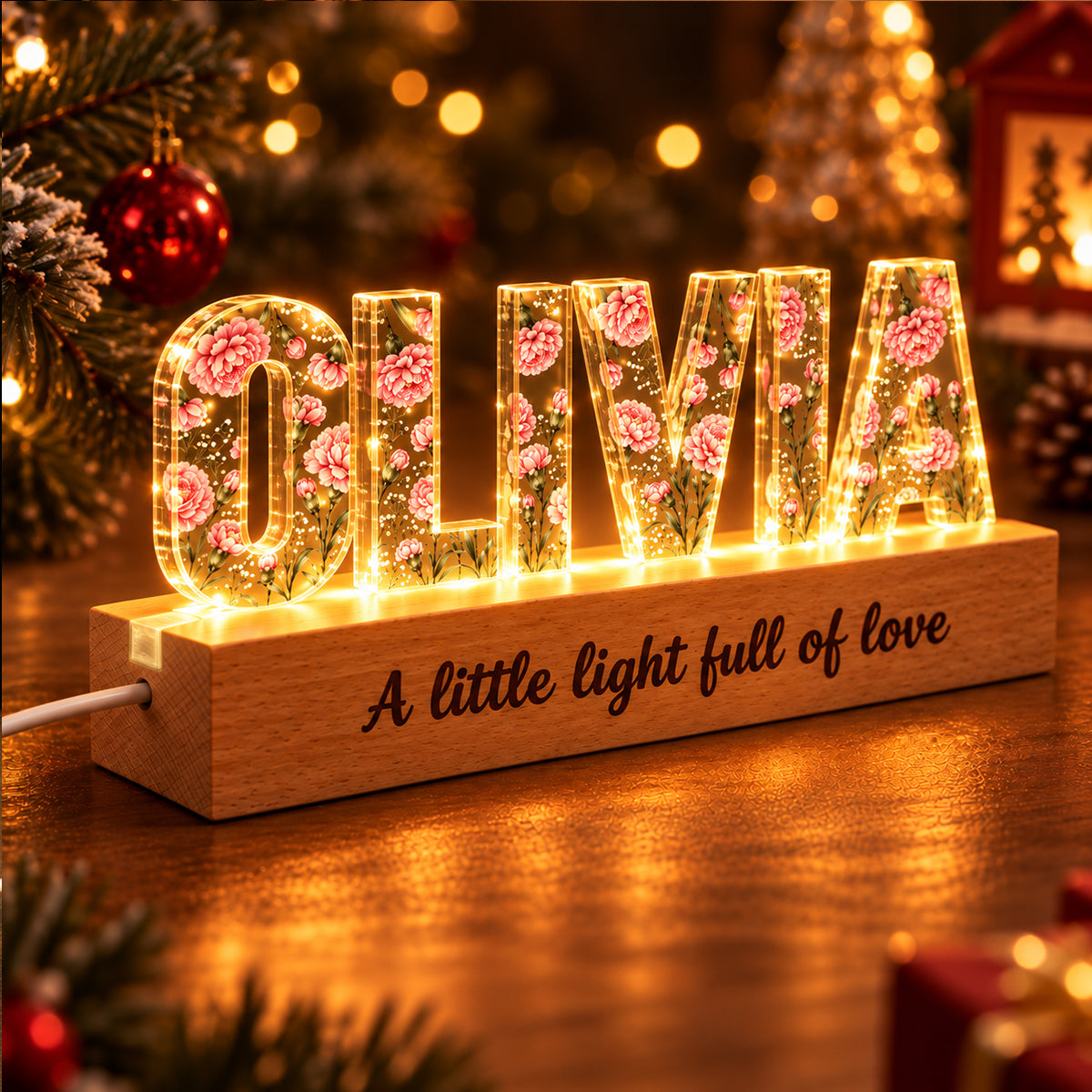 Custom Birth Month Flower - Personalized Acrylic Block Name Night Light - Birthday Gift, Christmas Gift for Daughter, Son, Baby Nursery Decor, Newborn Keepsake Gift