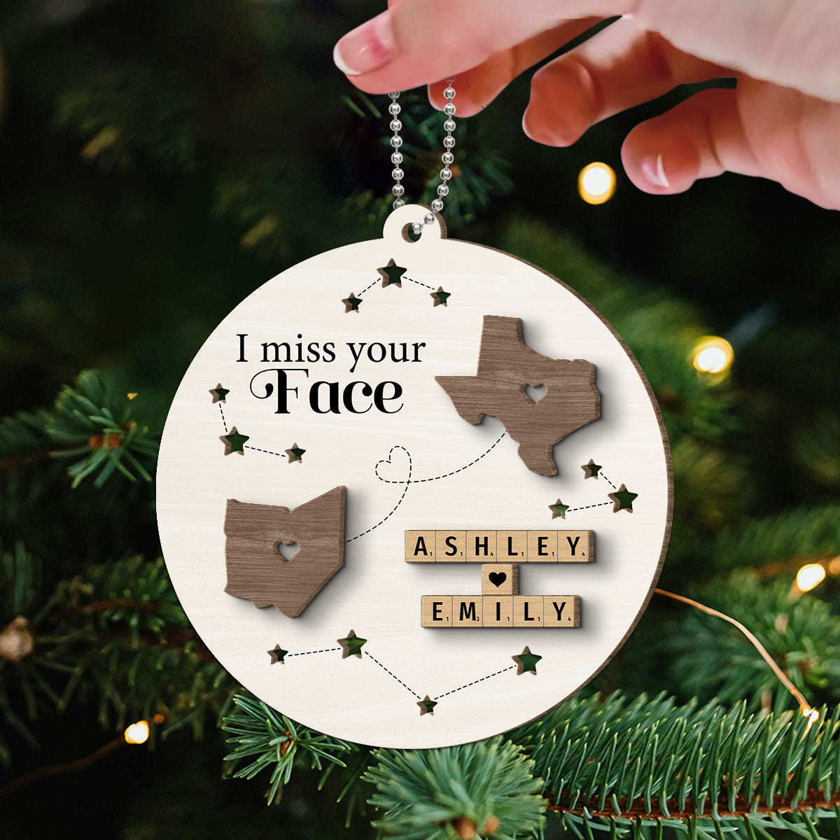 I Miss Your Face Long Distance State Maps Wooden Blocks Personalized 2-Layer Wooden Ornament, Christmas Gift For Besties, Couple, Family