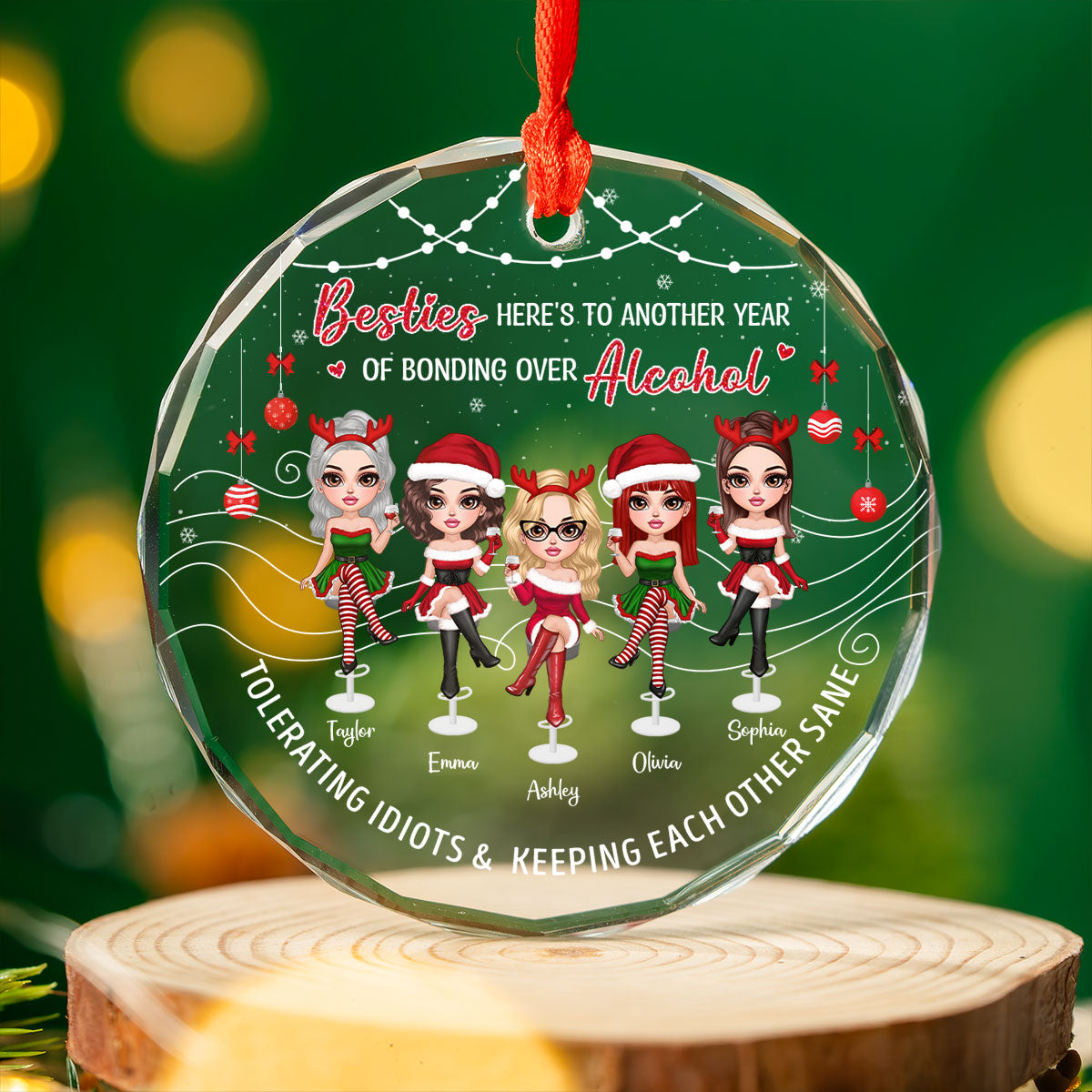 Besties Here's To Another Year Of Bonding Over Alcohol Personalized Glass Ornament, Funny Christmas Gift For Best Friends