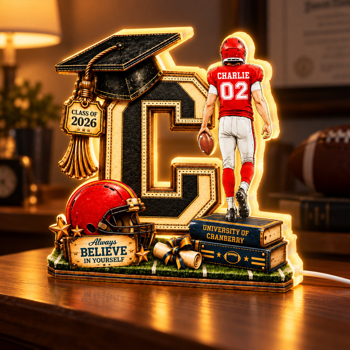 Football Graduation Custom Initial - Personalized Light Box - Class of 2026 Senior Gift, Christmas Gift for Son, Grandson, for Him