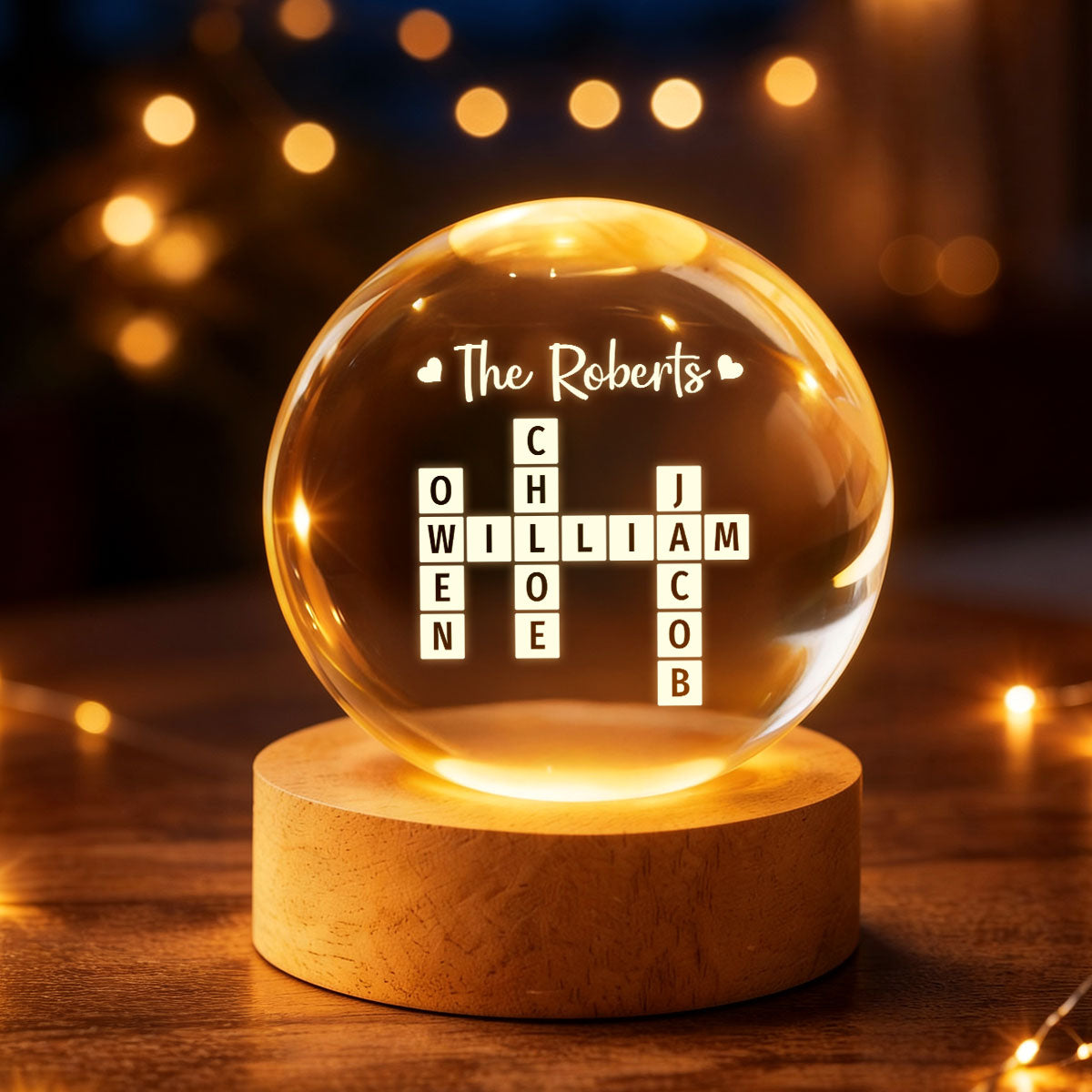 Family Crossword Puzzle Art - Personalized Crystal Ball LED Night Light - Heartfelt Gift For Grandma, Gift For Mom