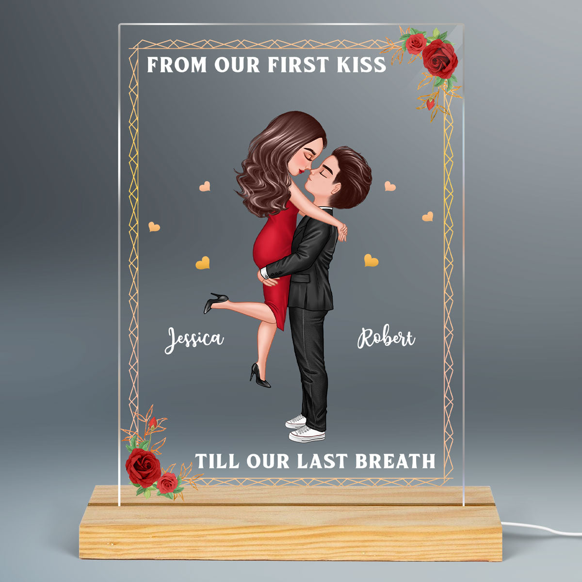 Hugging Couple From Our First Kiss Couple Personalized Rectangle Acrylic LED Night Light LED Lamp