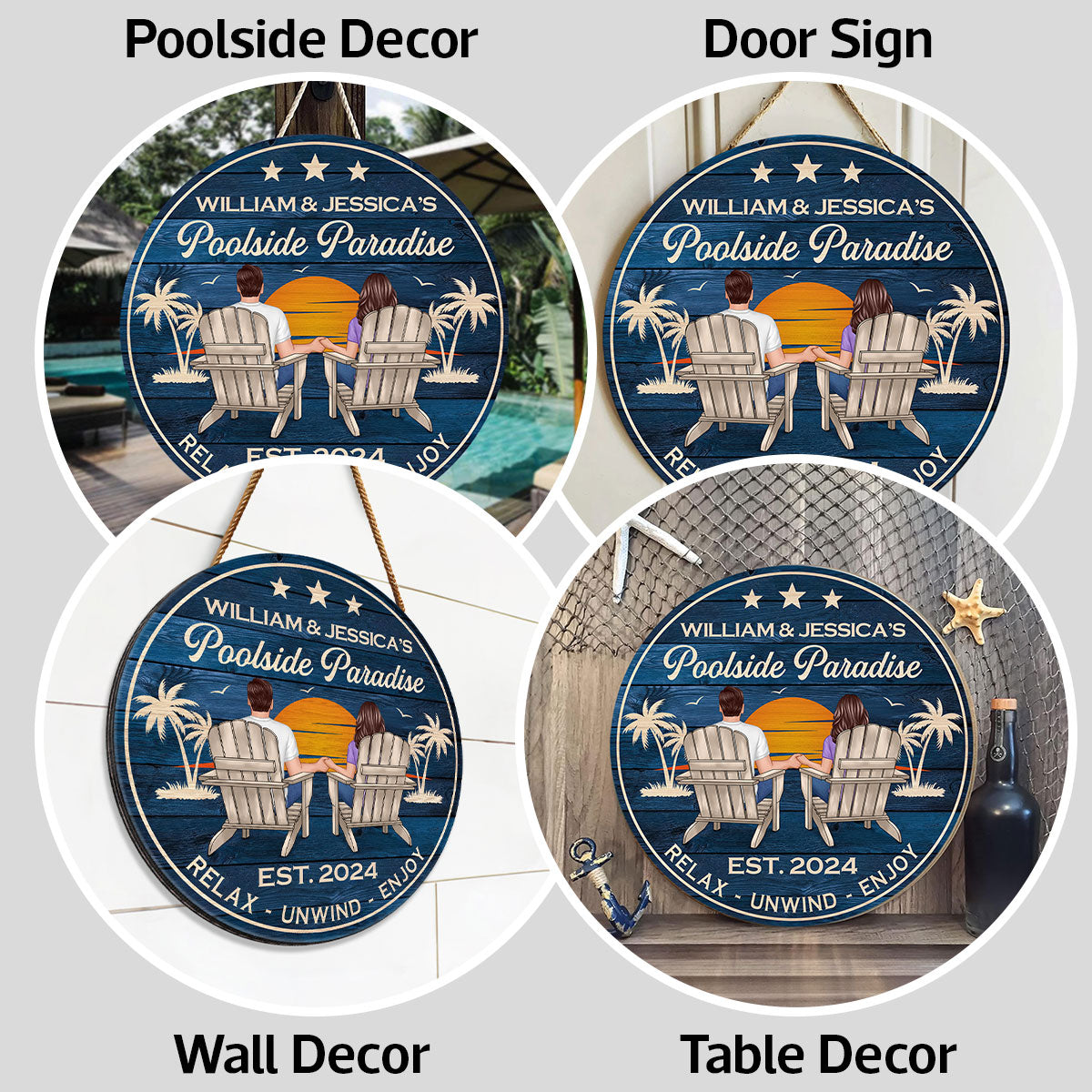 Poolside Paradise Couple Sitting - Personalized Wood Sign