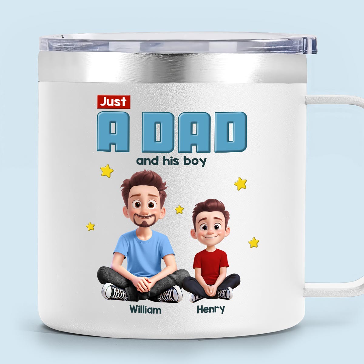 Just A Dad And His Kids Cartoon Funny Style Personalized Stainless Steel Tumbler With Handle, Gift For Dad