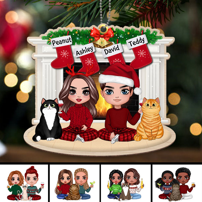 Doll Couple & Fluffy Cat At Fireplace Personalized Wooden Ornament
