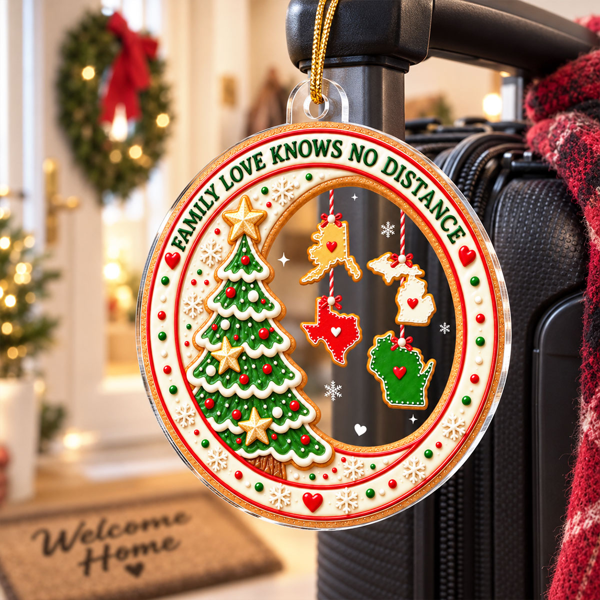 Family Love Knows No Distance Christmas Cookie States - Personalized Ornament - Long Distance Family Gift