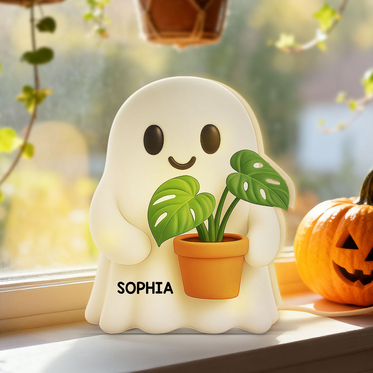 Halloween Boo Ghost Holding Plant - Personalized Light Box - Gift For Plant Lovers, Gardeners