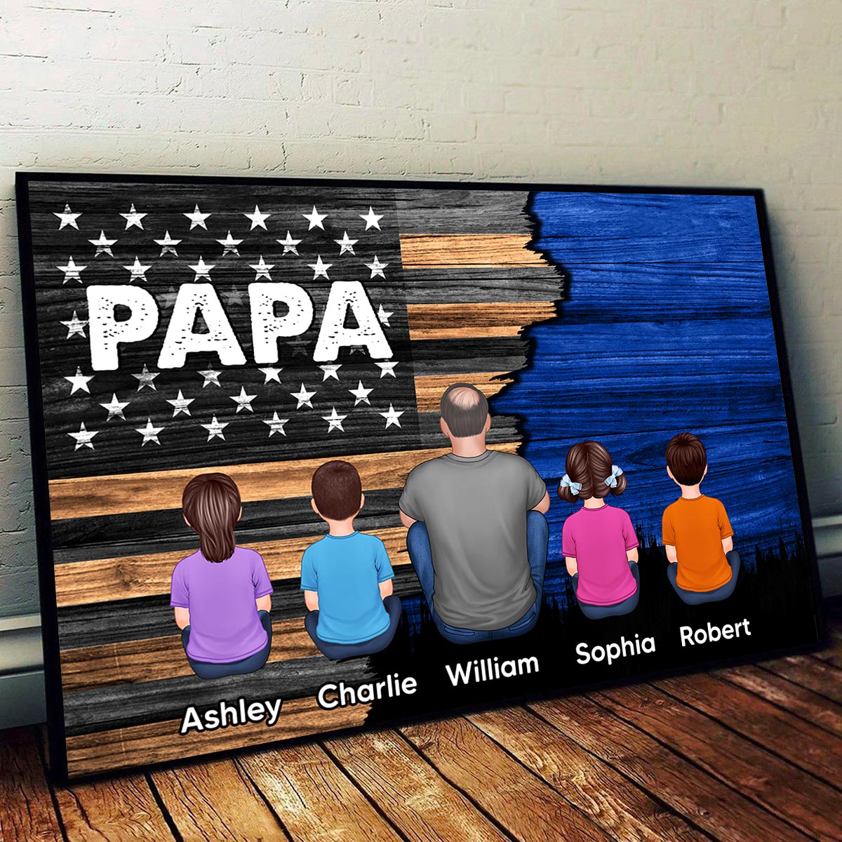 Dad Grandpa Papa Back View Sitting With Kids Half Nation Flag - Personalized Poster