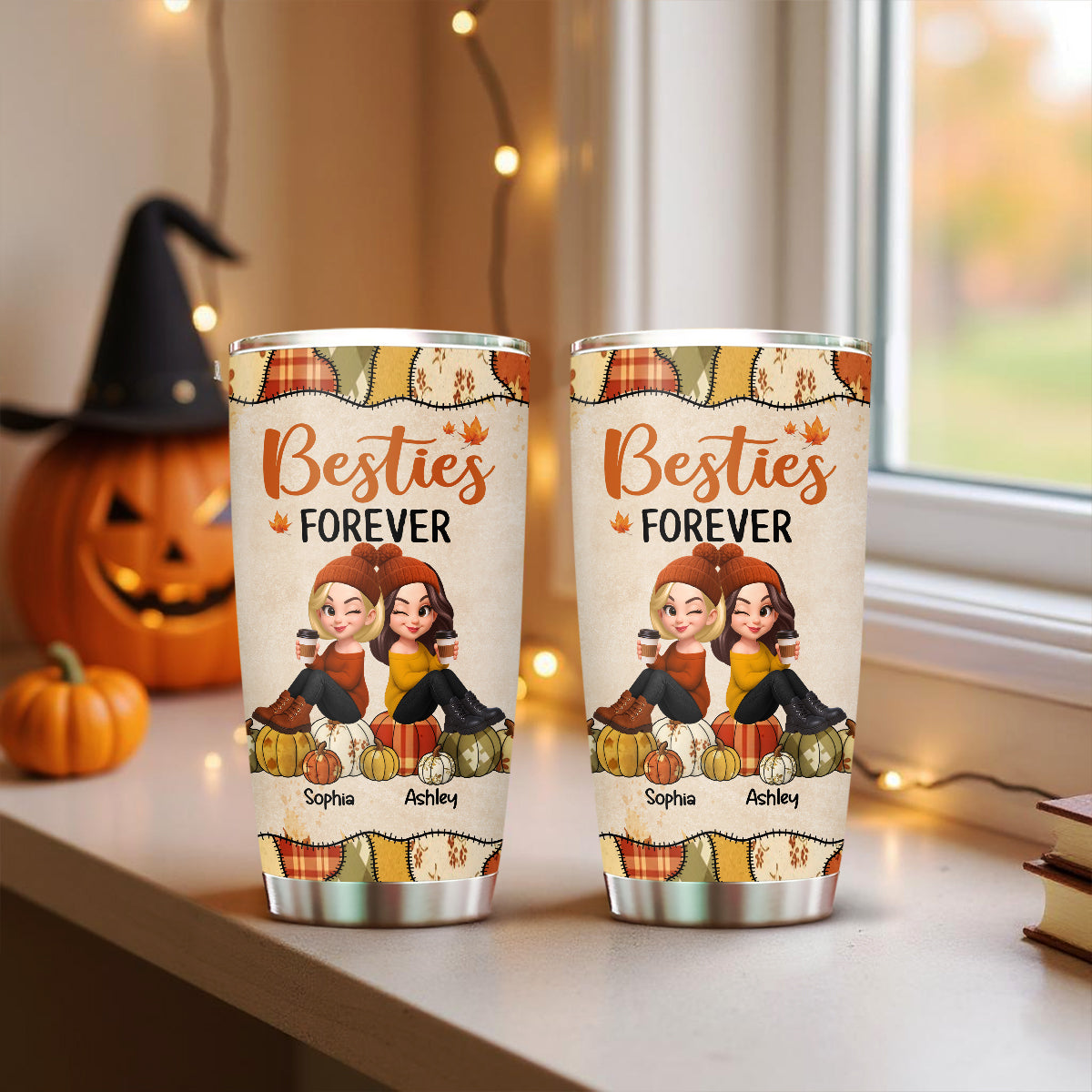Besties Sisters Sitting On Pumpkin Preppy Floral Fall Season Personalized Tumbler
