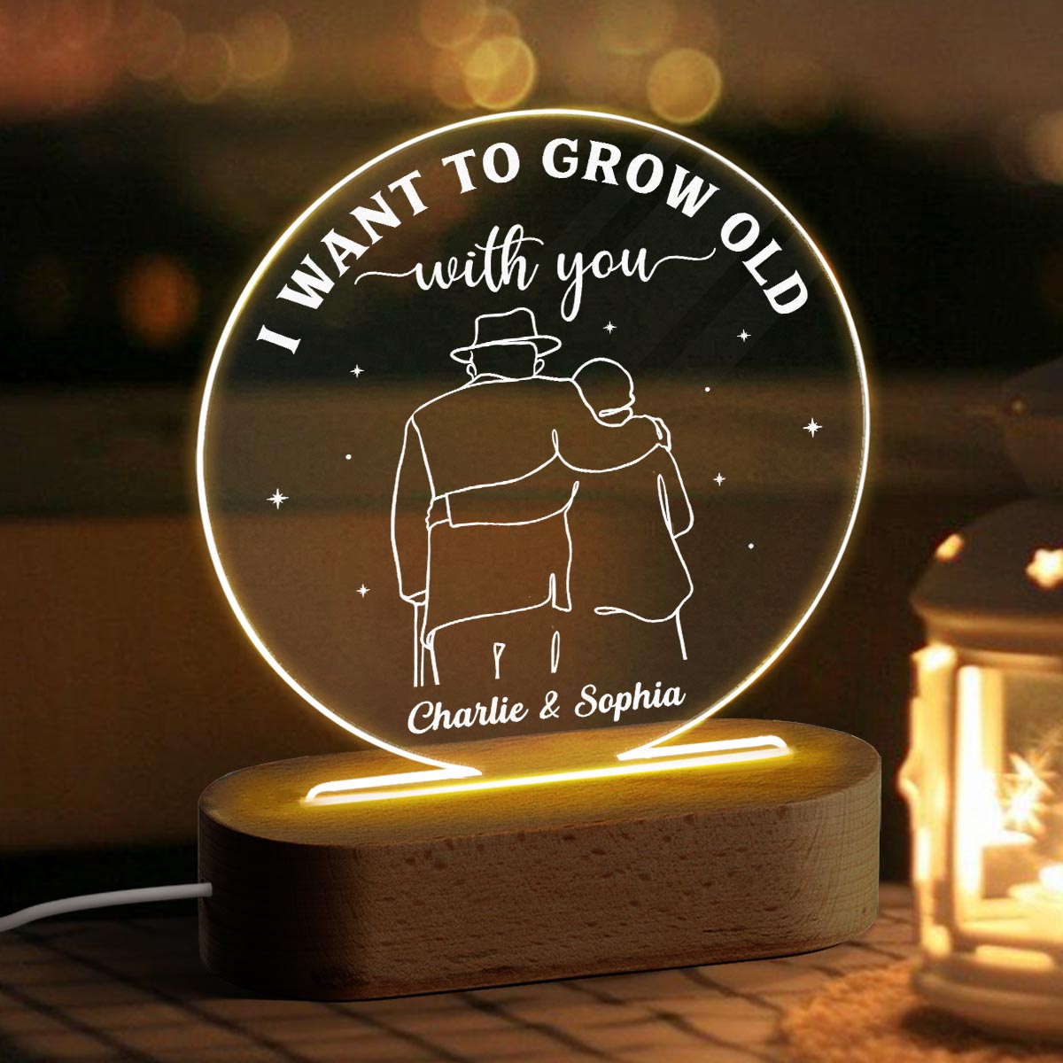 Grow Old With You Couple Personalized Circle Acrylic LED Lamp, LED Night Light, Gift For Him, Gift For Her