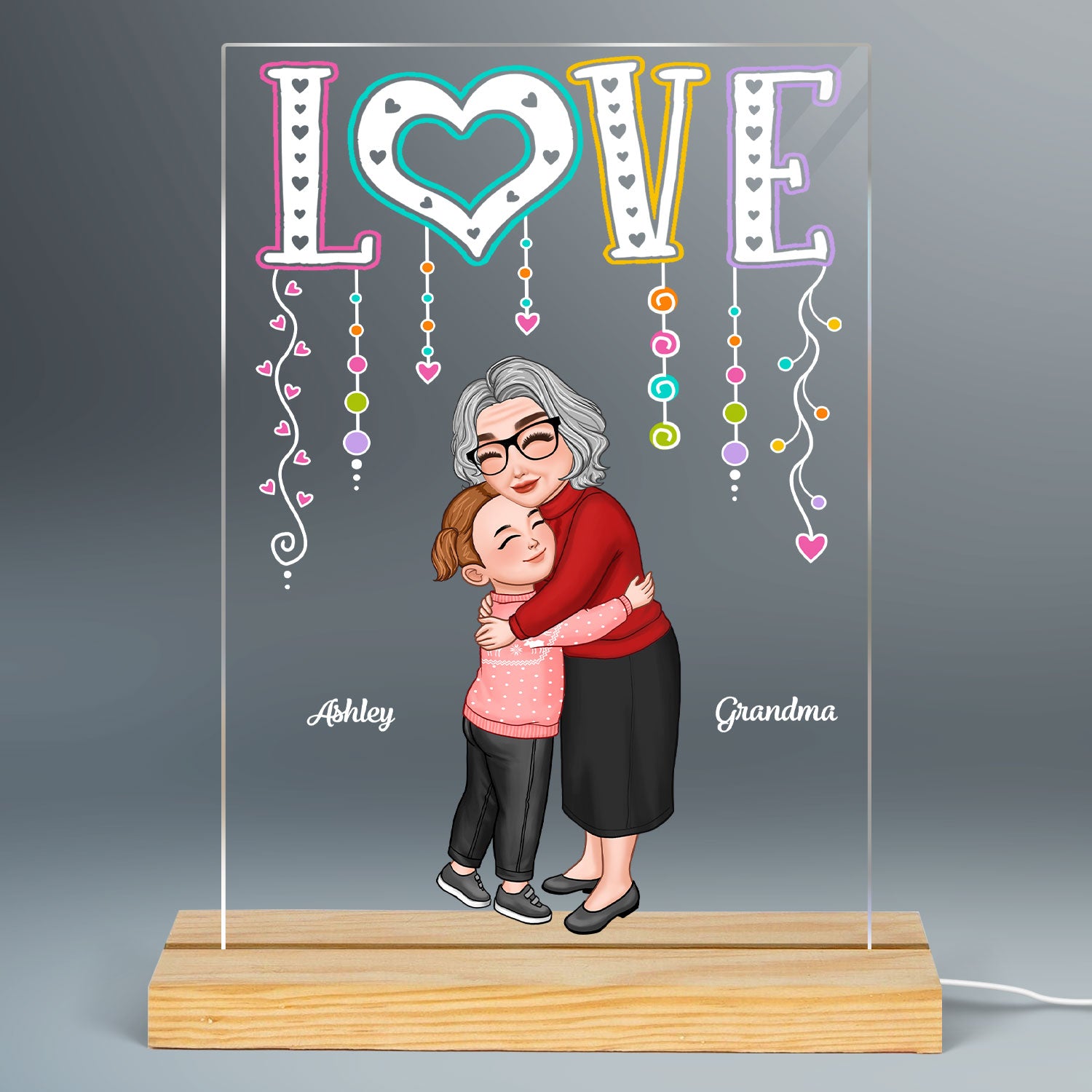 LOVE Grandma Hugging Kid Gift For Granddaughter Grandson Personalized Acrylic Plaque LED Night Light