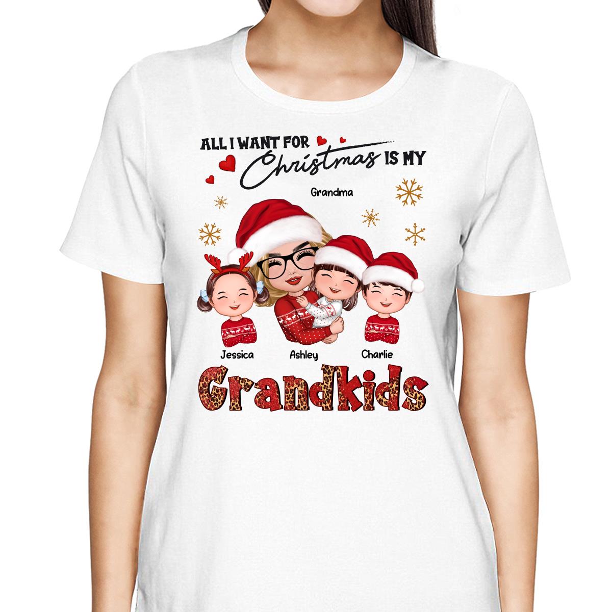 Leopard Christmas Doll Grandma Hugging Kid All I Want For Christmas Is My Grandkids Personalized Shirt