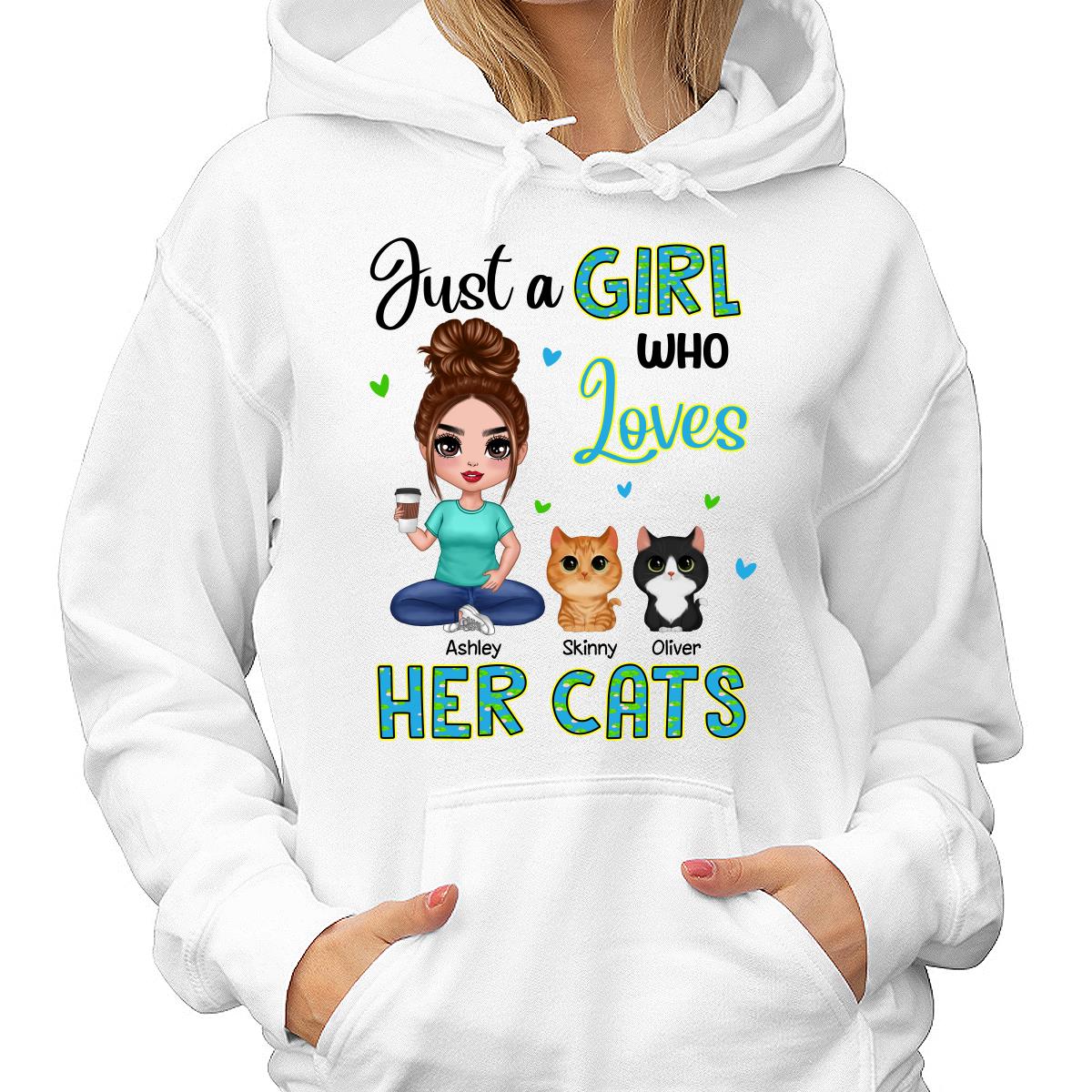 Green Pattern Just A Woman Who Loves Cats Doll Girl Sitting With Watercolor Cute Cats Personalized Shirt
