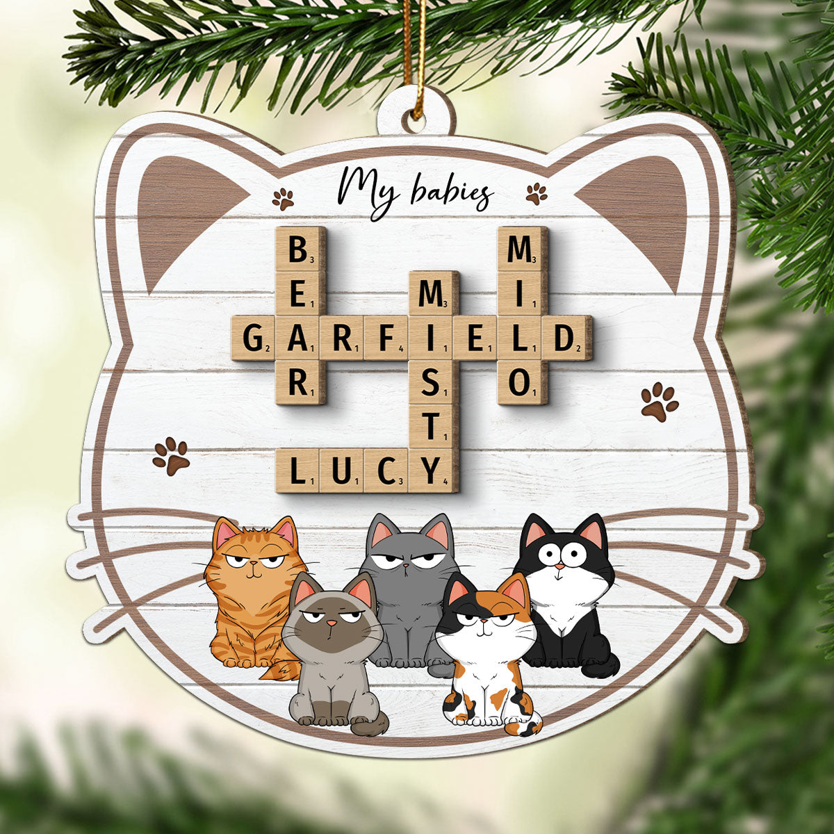 My Babies Cats Crossword Puzzle Art Personalized 2-Layer Wooden Ornament