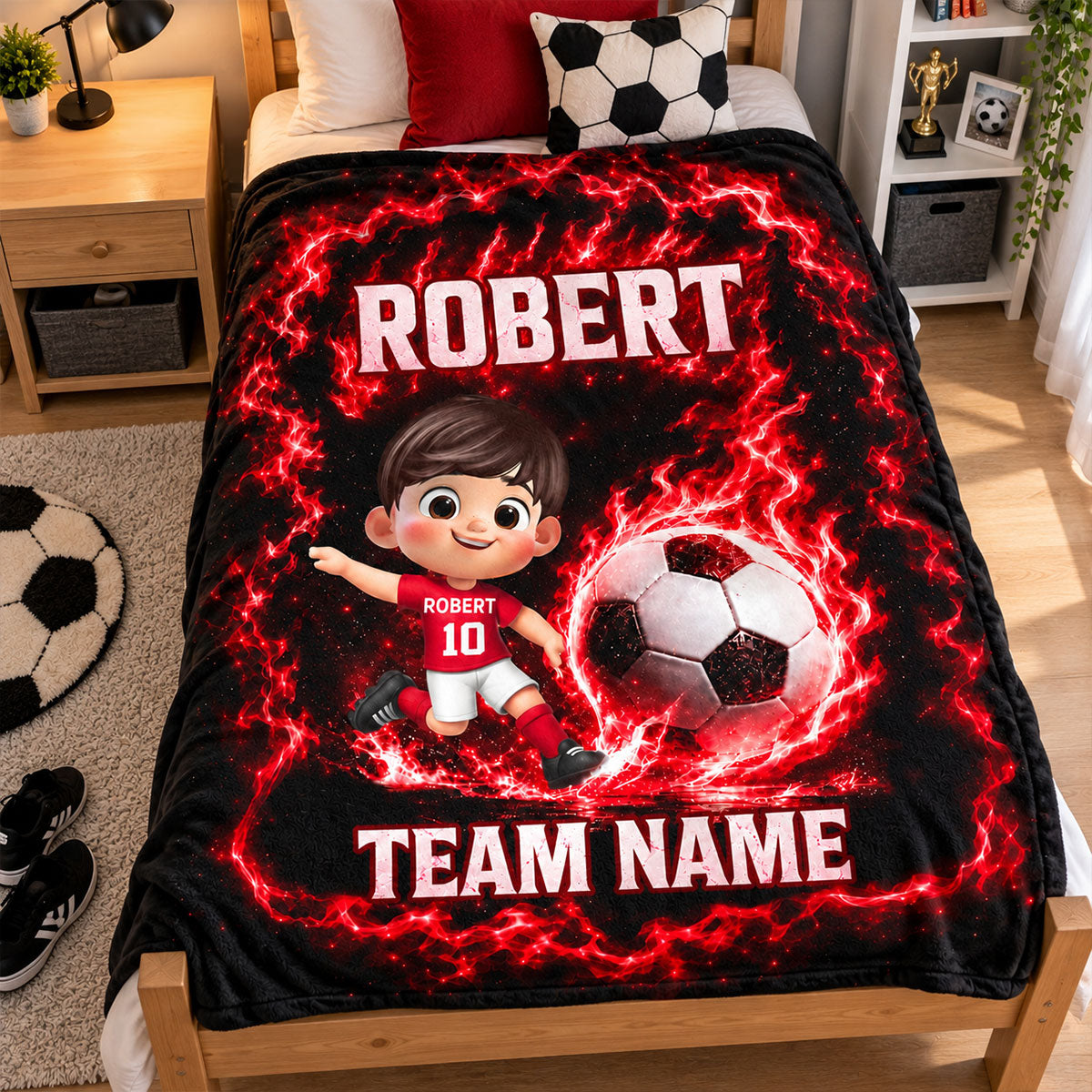 Cute Kid Soccer Player Custom Name And Team Name - Personalized Fleece Blanket - Christmas Gift For American Football Players, Grandson, Son, Daughter, Granddaughter