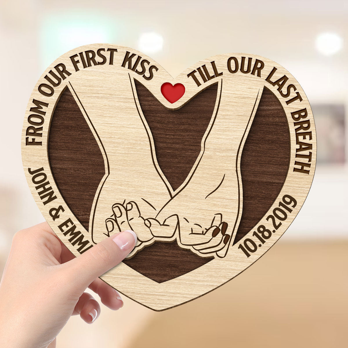 Couple Holding Hands From Our First Kiss Till Our Last Breath Personalized 2-Layer Wooden Plaque