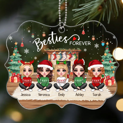 Pretty Friends Sisters Besties At Fireplace Personalized Acrylic Ornament, Christmas Gift