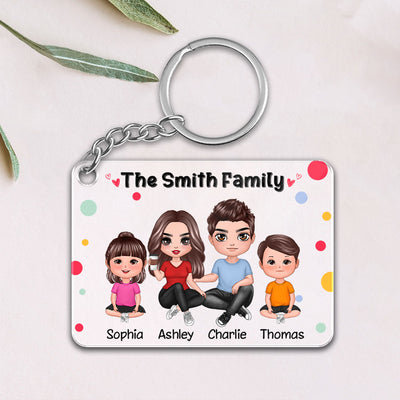 Polka Dot Pattern Whole Family Doll Couple Dad Mom Kids Dogs Cats Personalized Acrylic Keychain